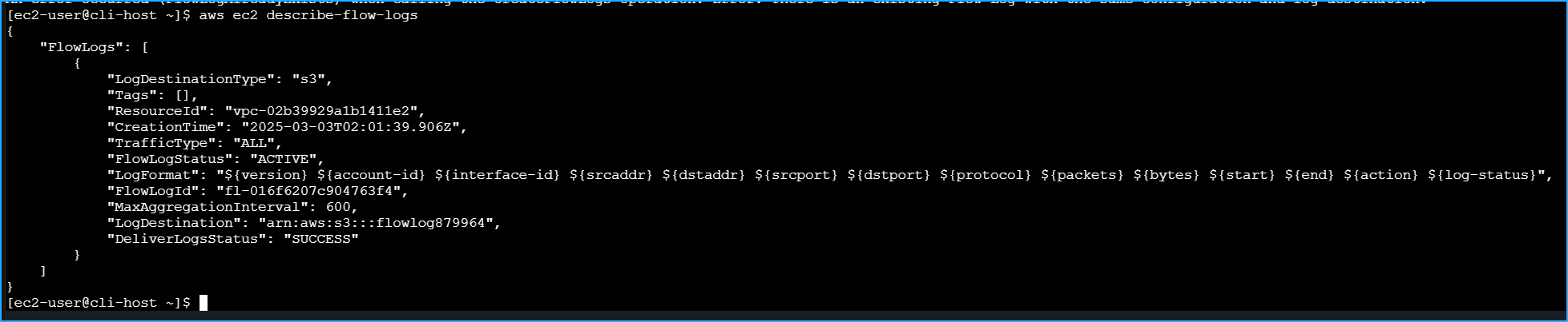 Flow log status pointing to S3 bucket