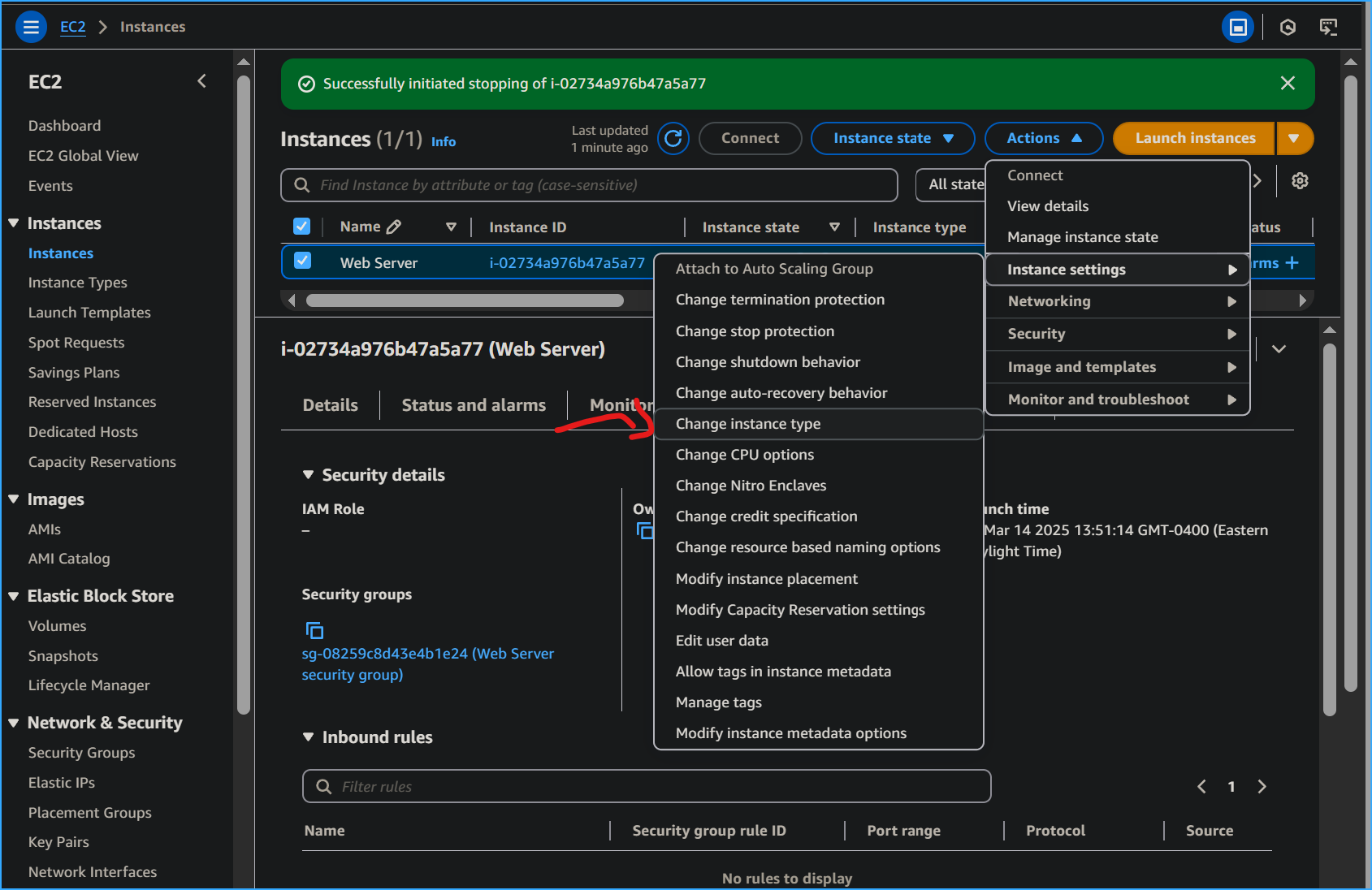 After stopping instance changing type here