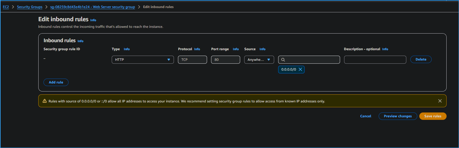 Allowing access to website by editing sg inbound rules