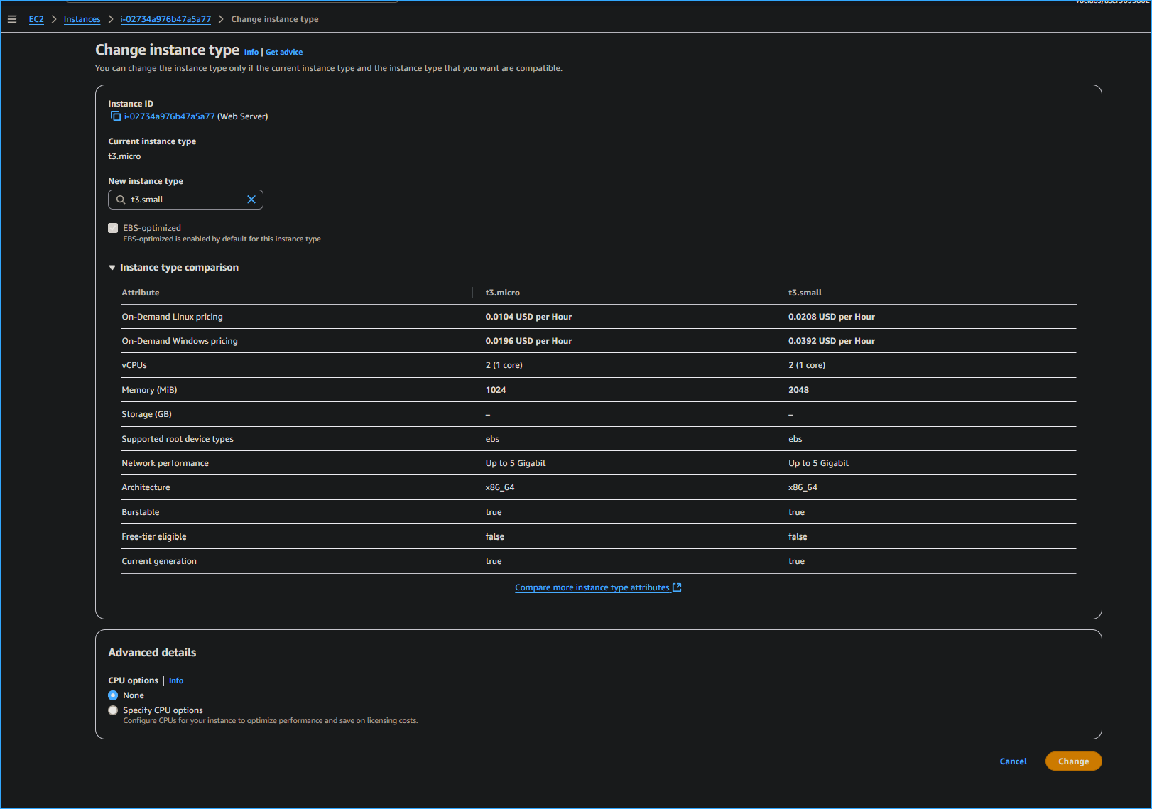 Changed instance type doubling memory volume