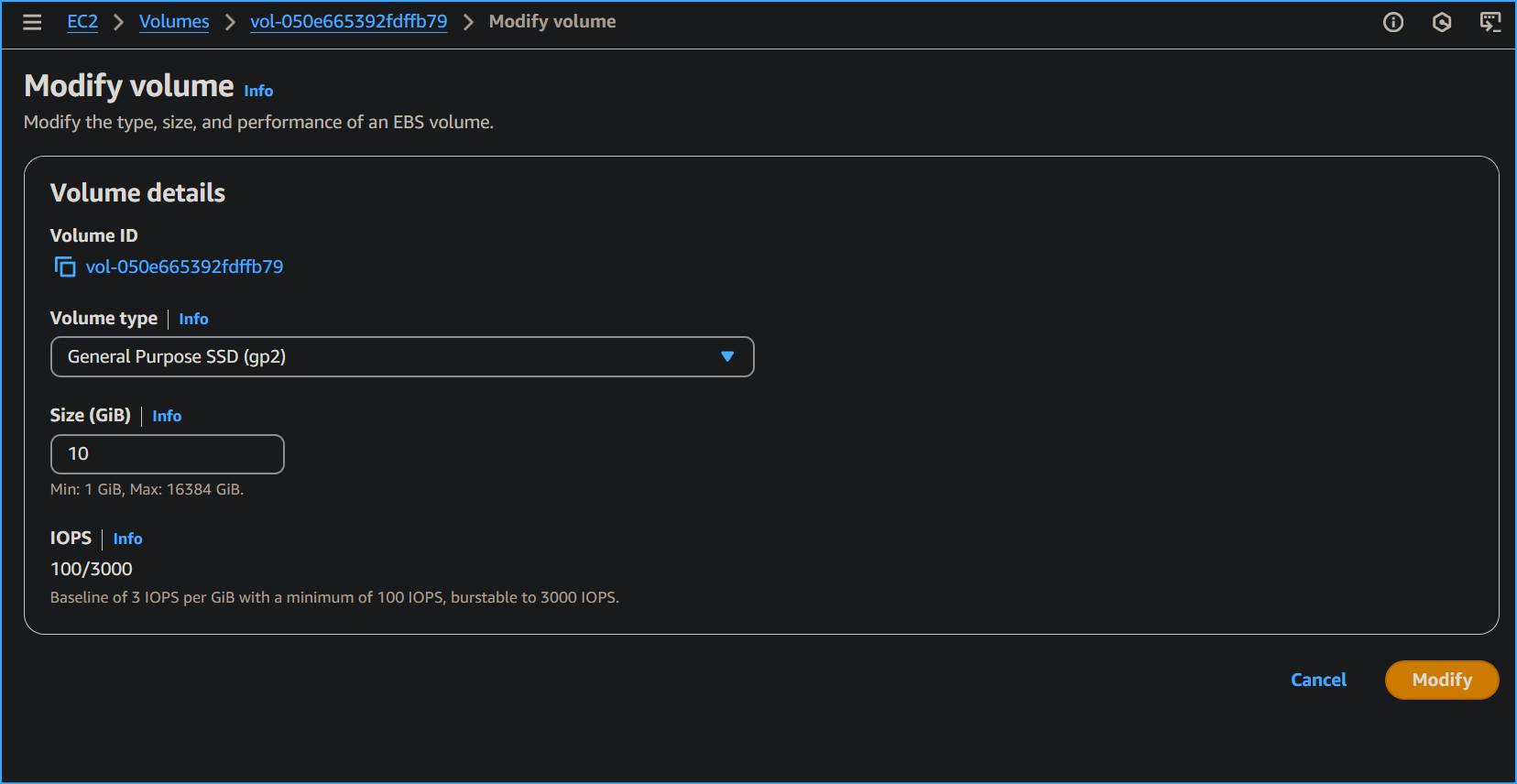 Modified ebs size to ten