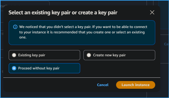 Proceeding without key pair not recommended