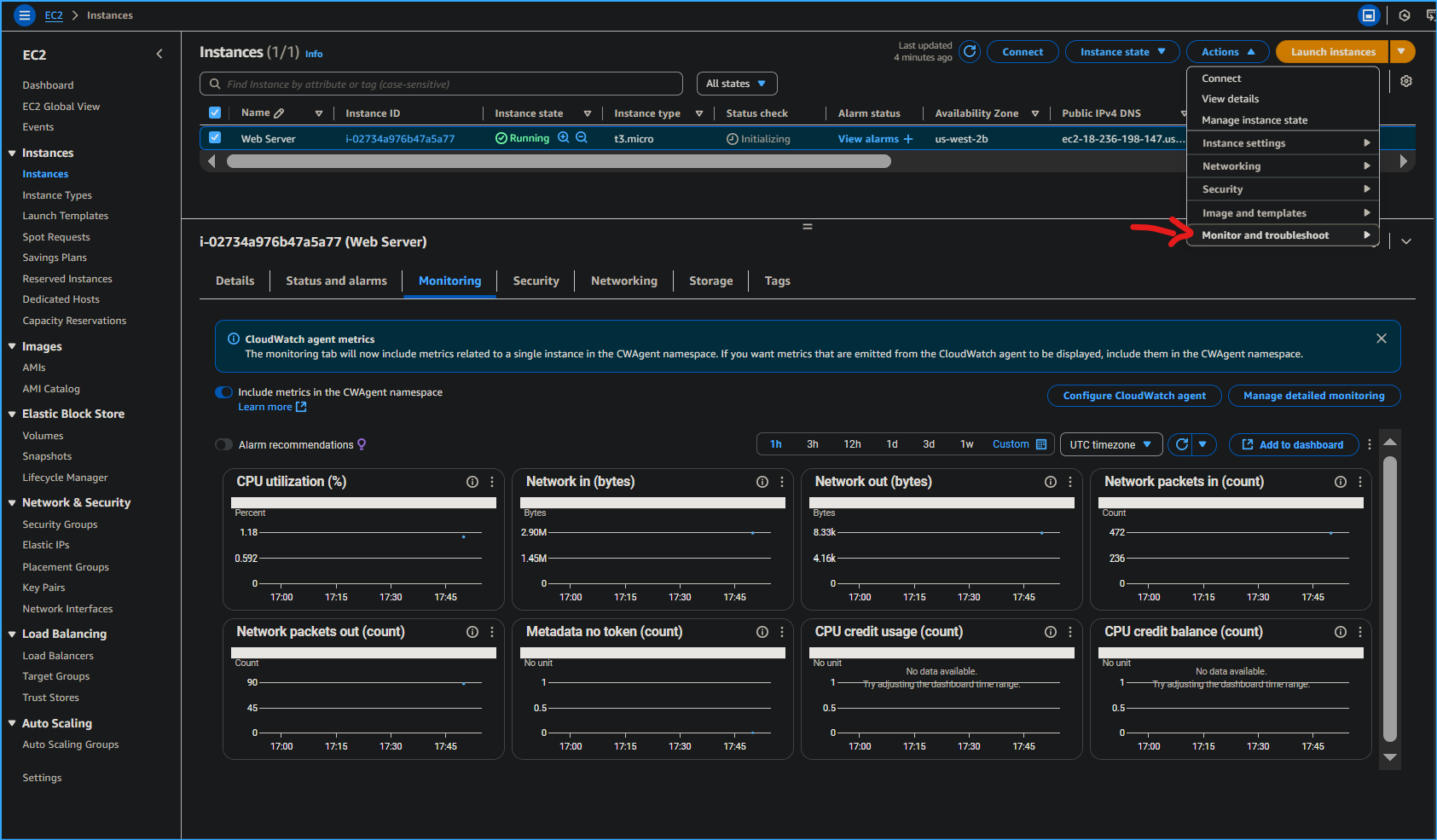 Selecting monitor and troubleshoot and monitoring tab shows metrics