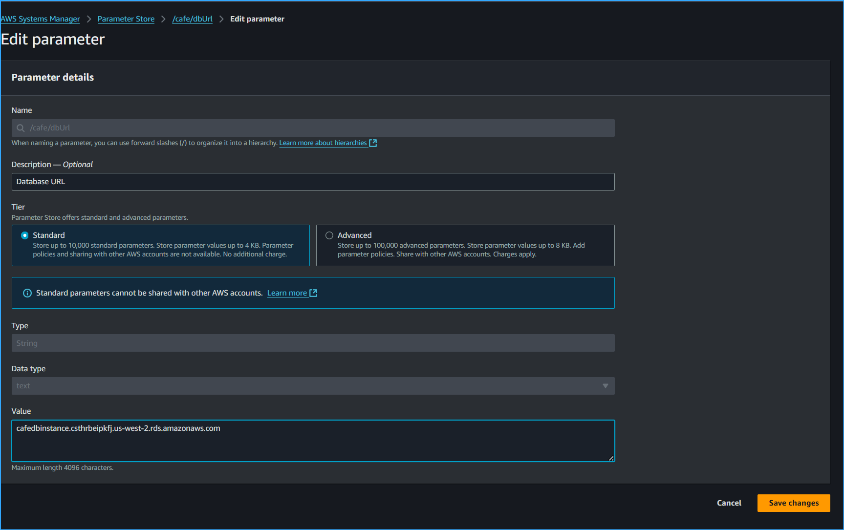 Pasted Endpoint URL From RDS In Parameter Store