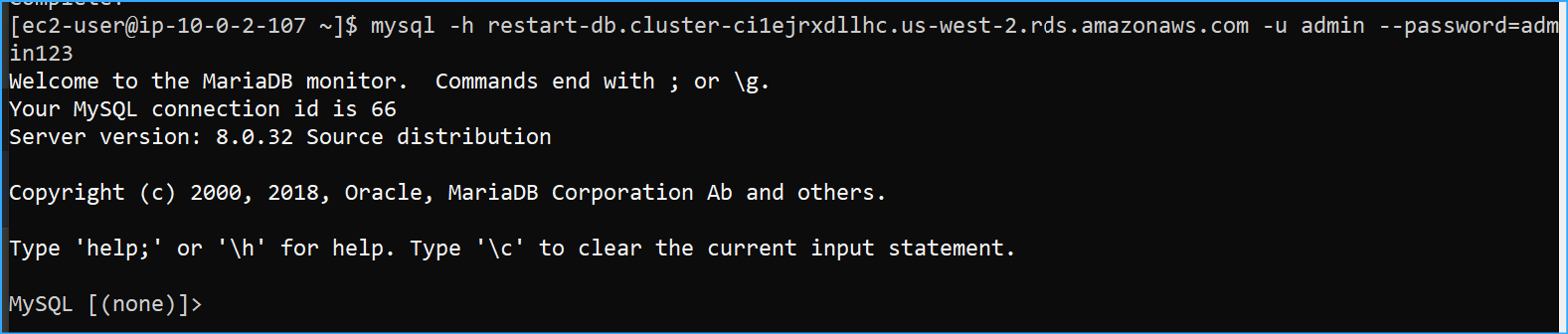 Connected to RDS Instance After Copying Writer Endpoint and Applying Credentials