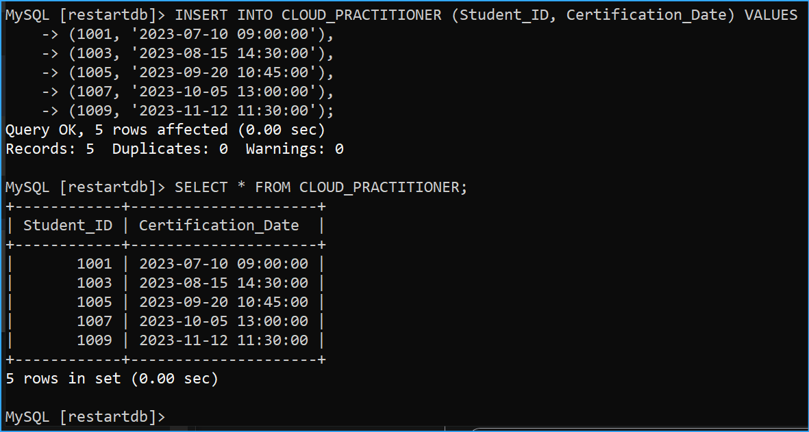 Inserted Sample Data Into Cloud Practicioner Table and Selected All Data From Table