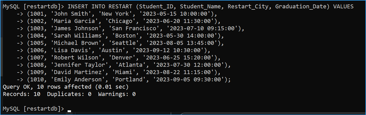 Inserted Sample Data Into Restart Table