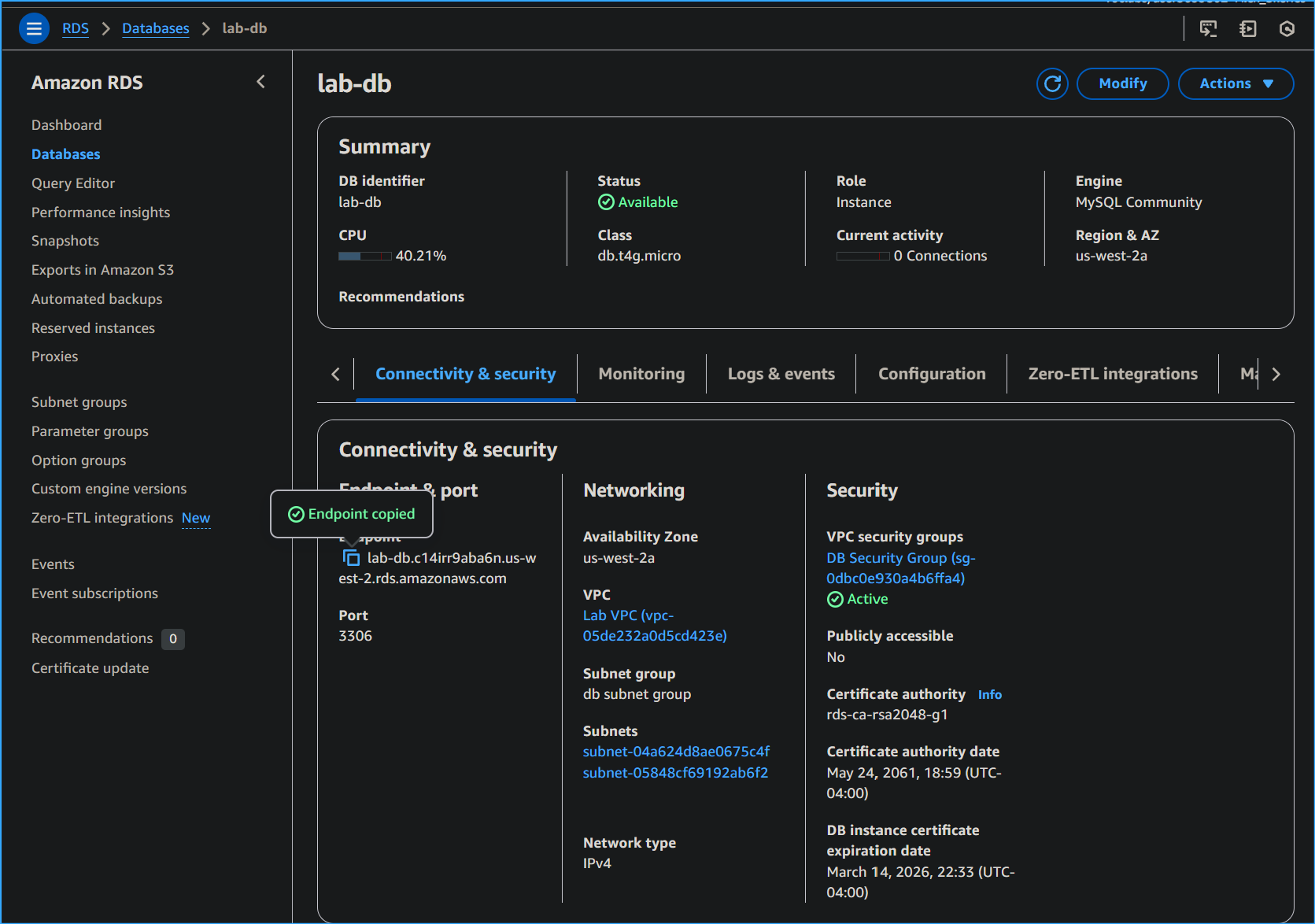 Copied Endpoint From Lab DB Link
