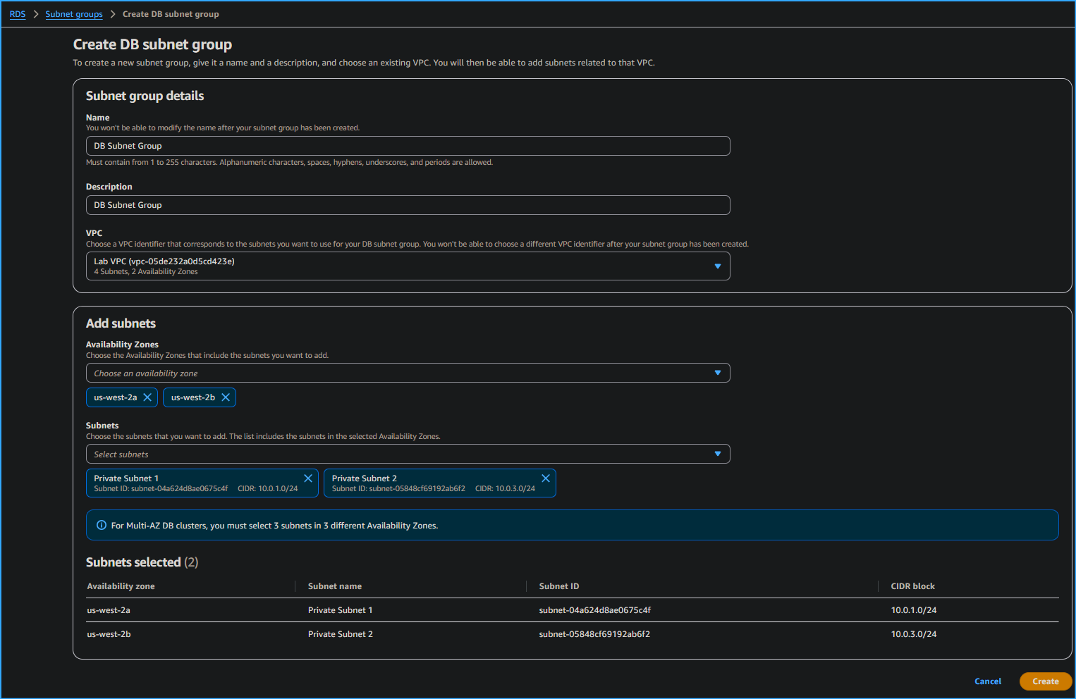Creating DB Subnet Group