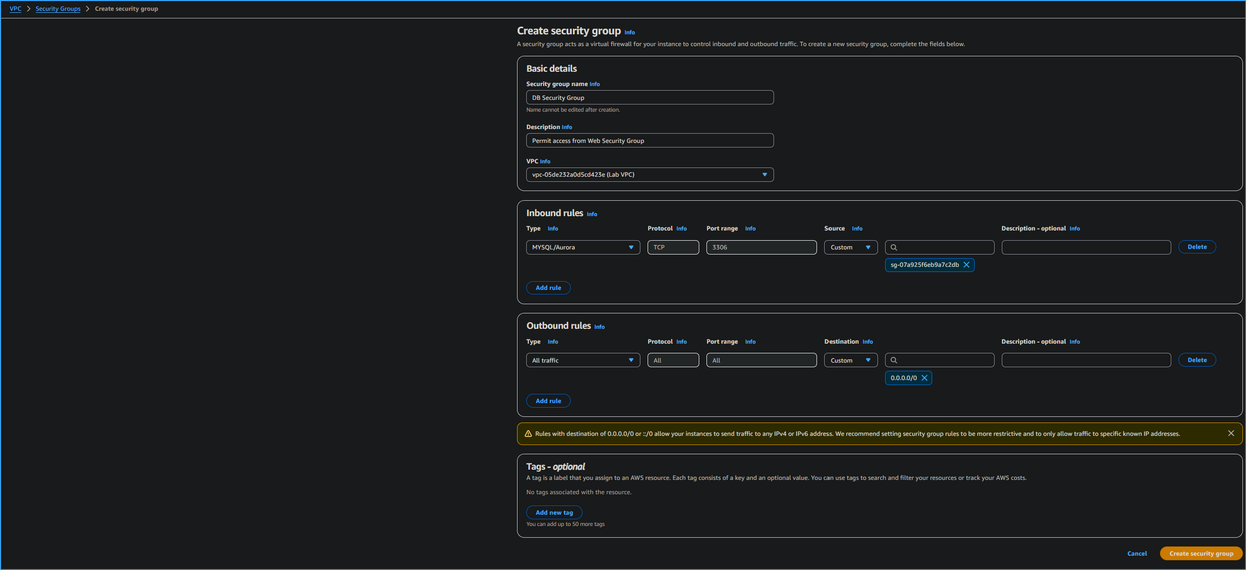 Creating VPC Security Group