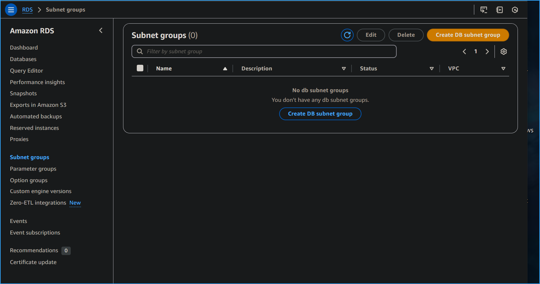 Navigated Here To Create Database Subnet Group