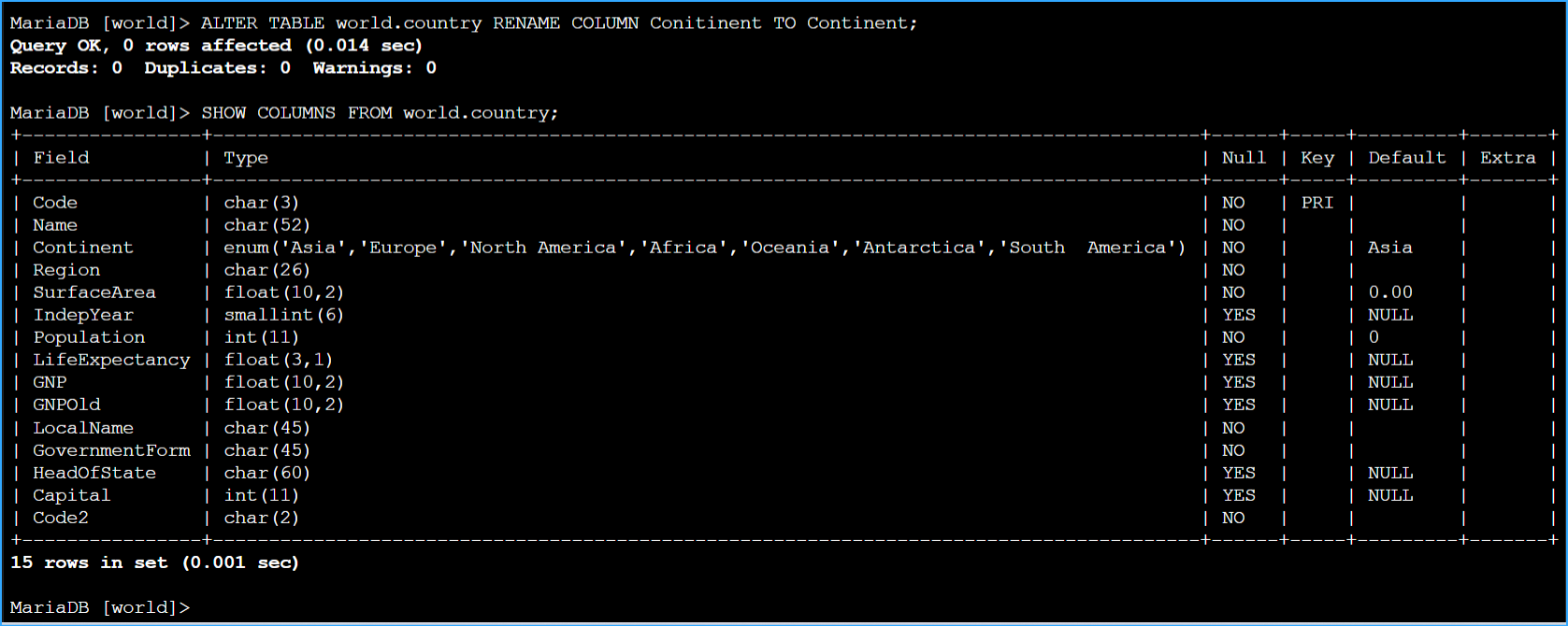 Alter Table To Fix Spelling Incorrection Then Verifying
