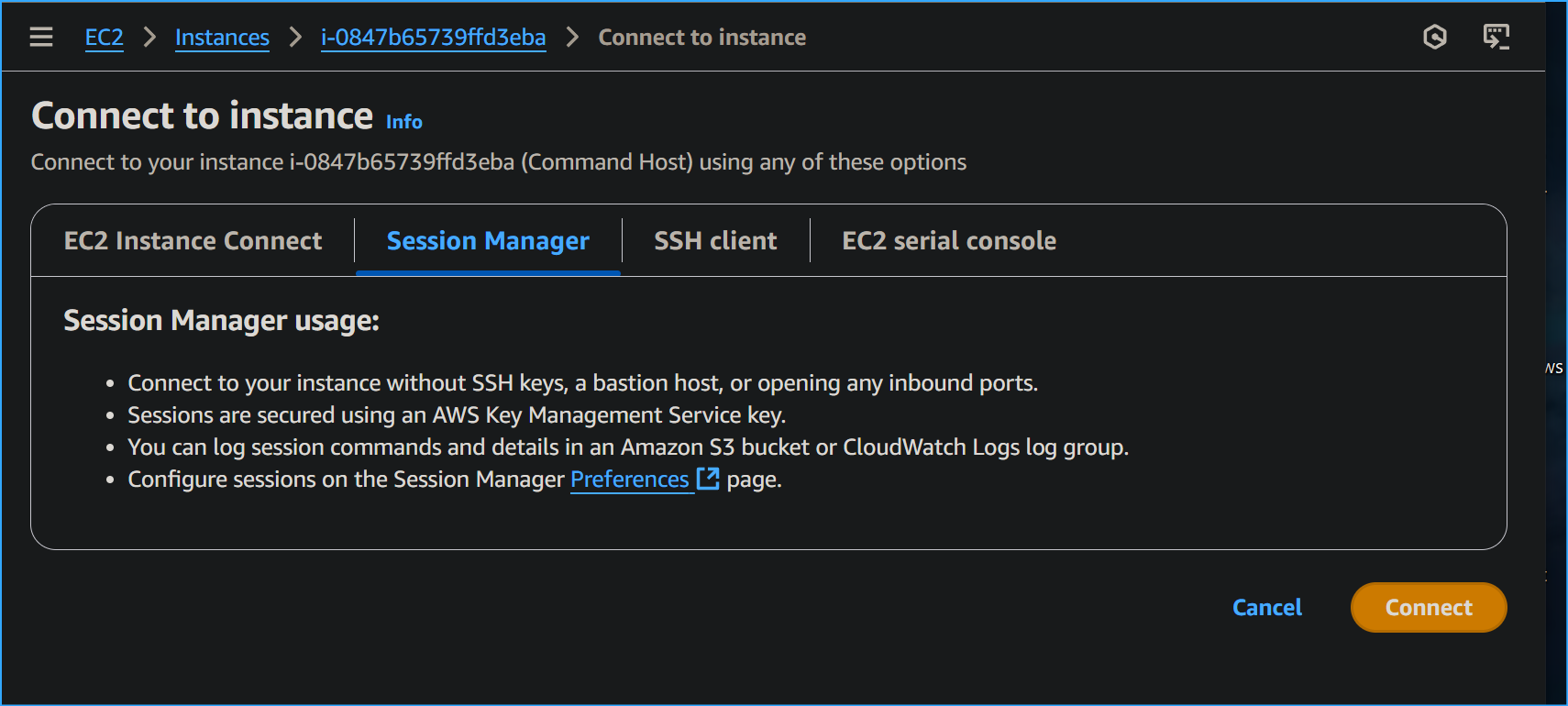 Connecting Via Session Manager