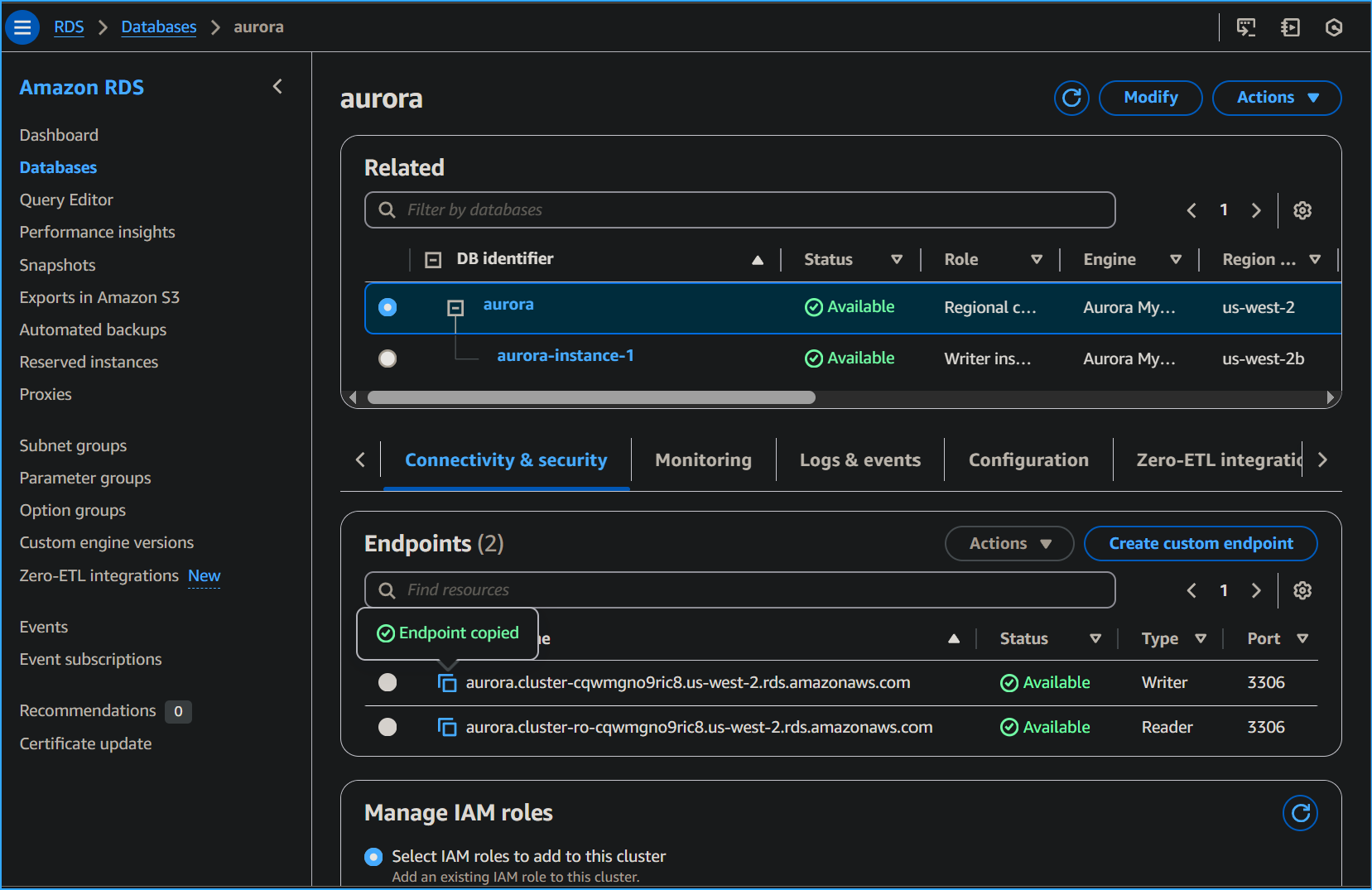 Copied Writer Endpoint in Connectivity and Security Tab in Aurora Link