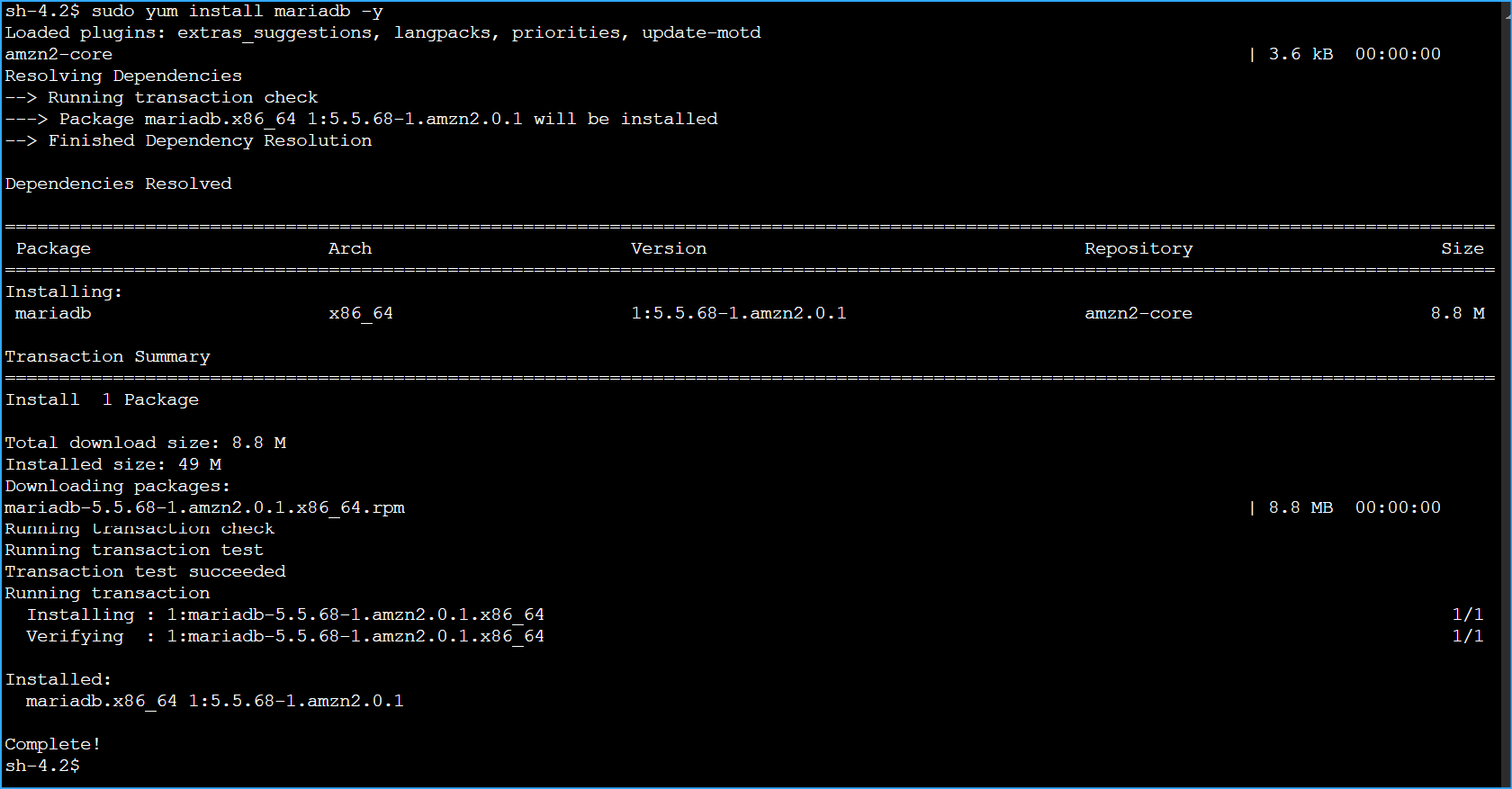 Installed Maria DB Client in Session Manager on Command Host Instance