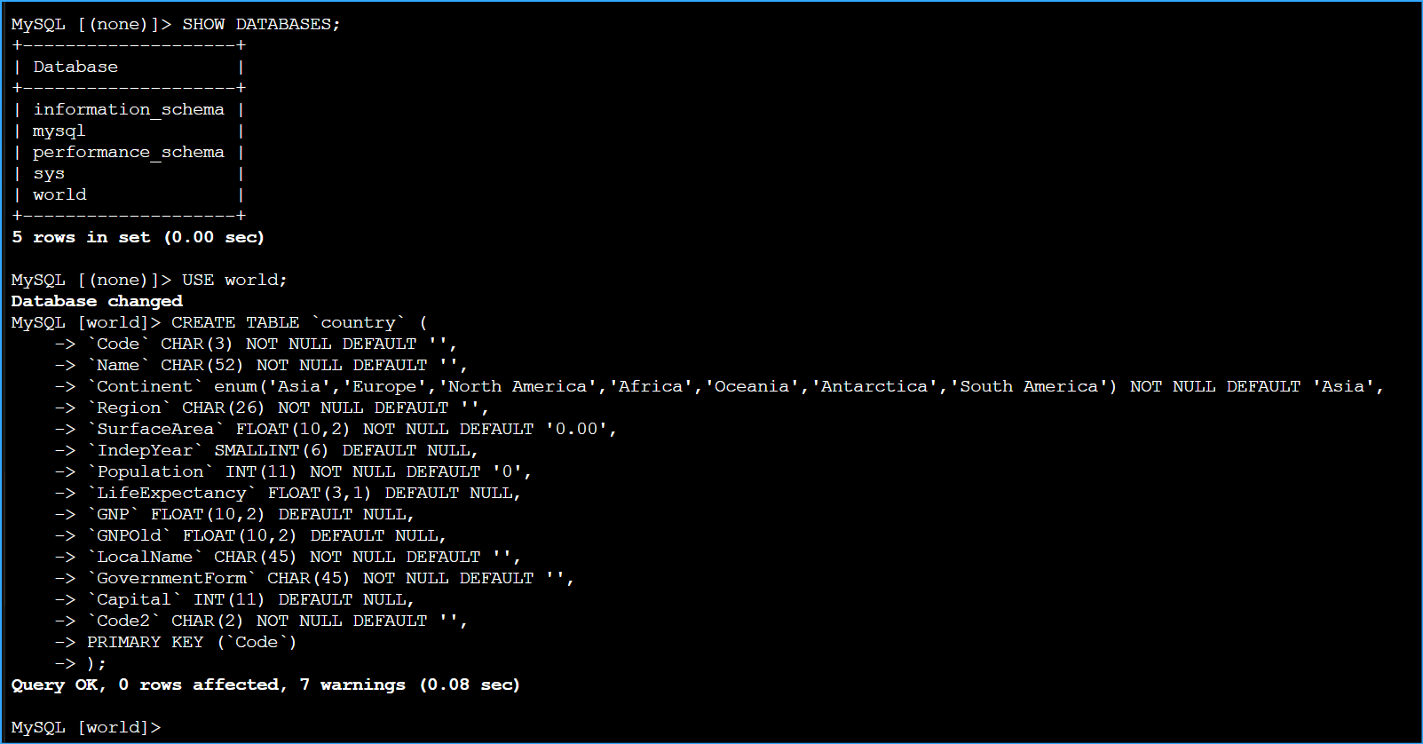 Showed DB Used World Created a New Table