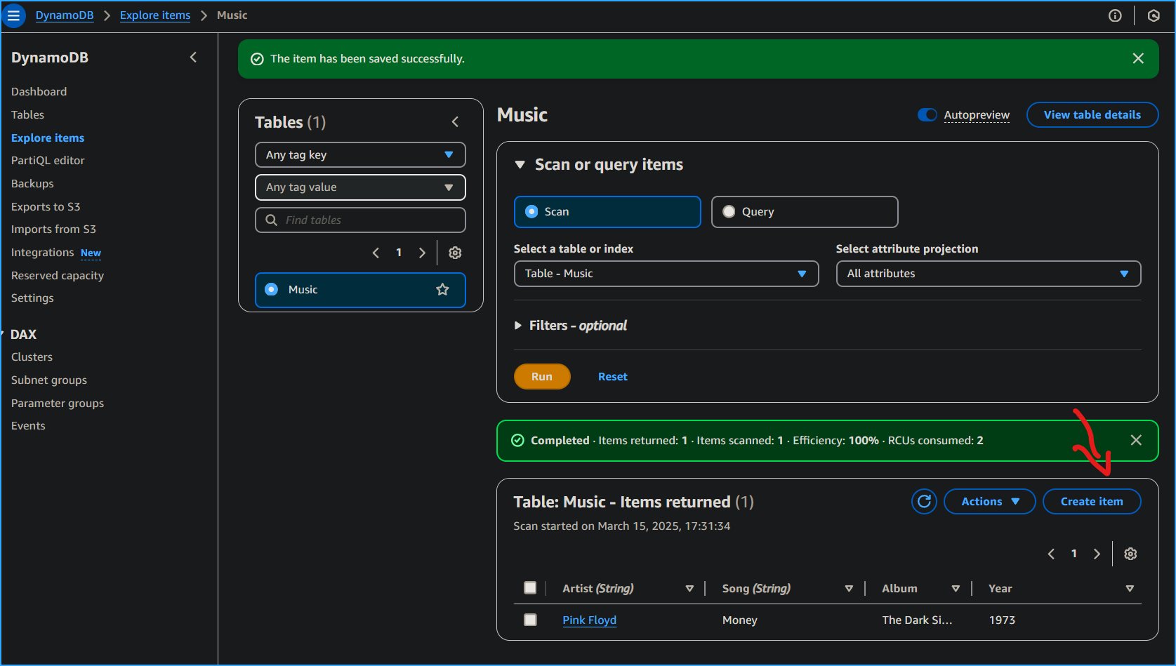 Choosing Create Item Here