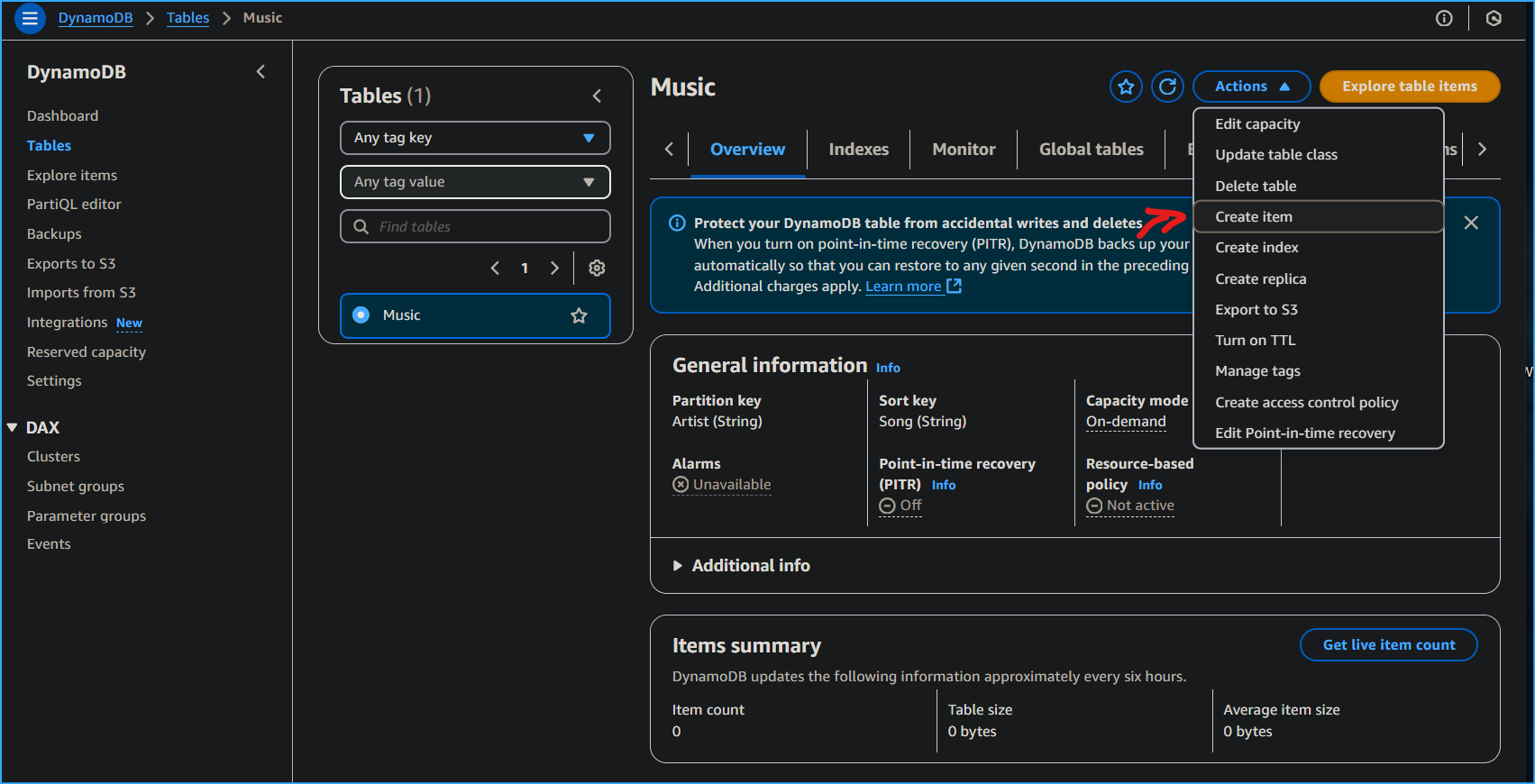 Create Item in Music Table
