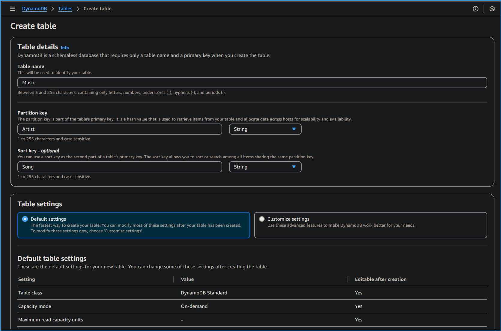 Creating a Table in DynamoDB One
