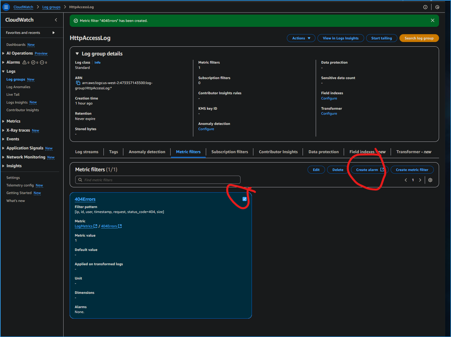 Create Alarm for Metric Filter