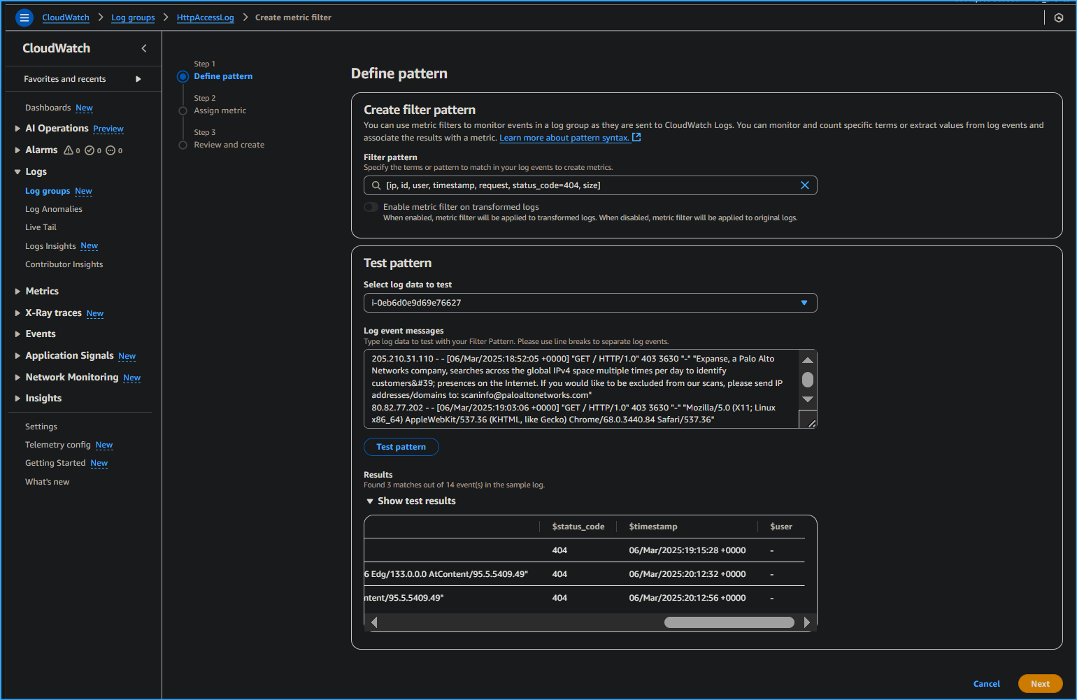 Creating Metric Filter Test Pattern Show Test Results