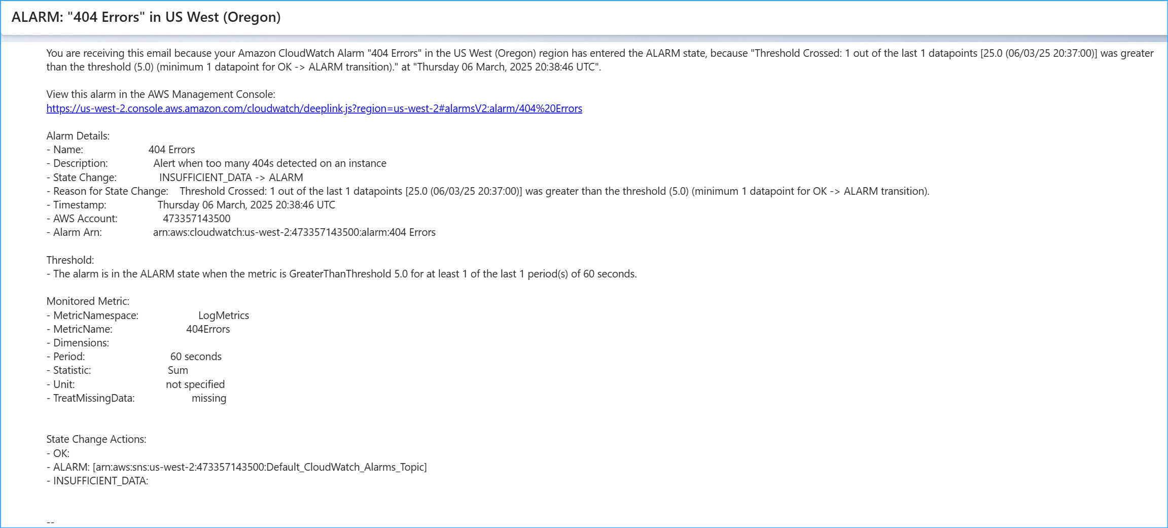 Received Email for CloudWatch Alarm