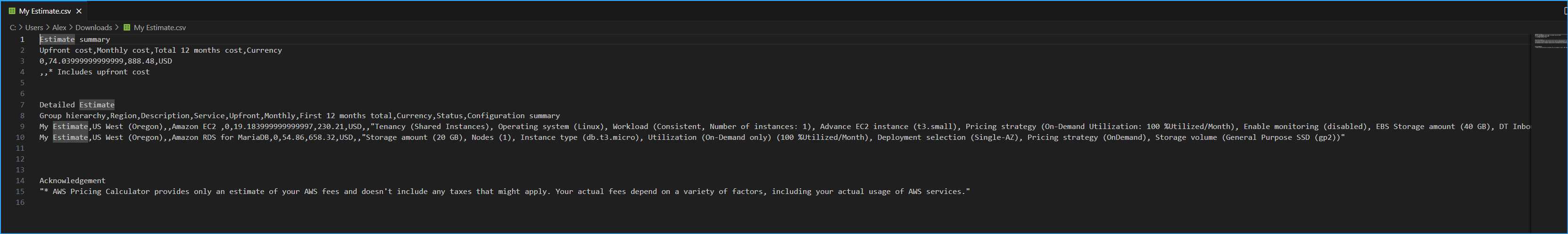 Before cost optimization CSV file
