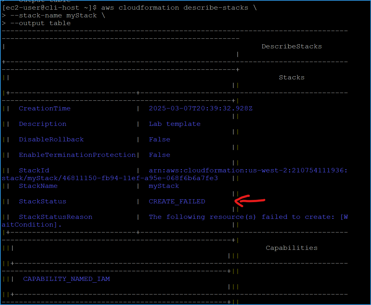 Confirmed create failed in describe stack status