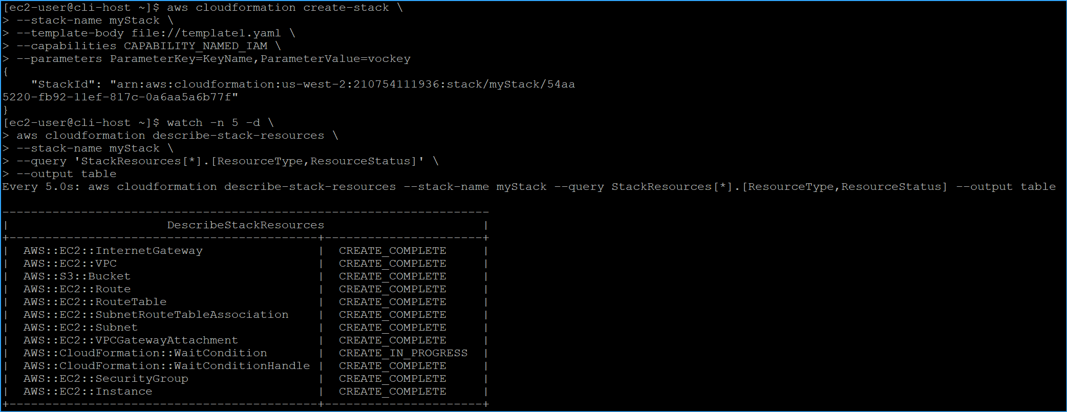 Created stack then checked status of each resource