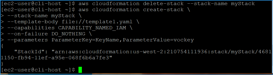 Deleted prior stack then created new one with no-rollback parameter