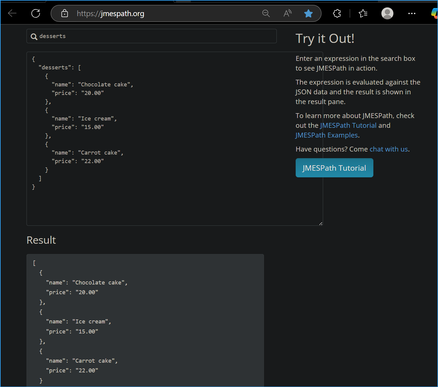 JMESPath JSON query language for desserts