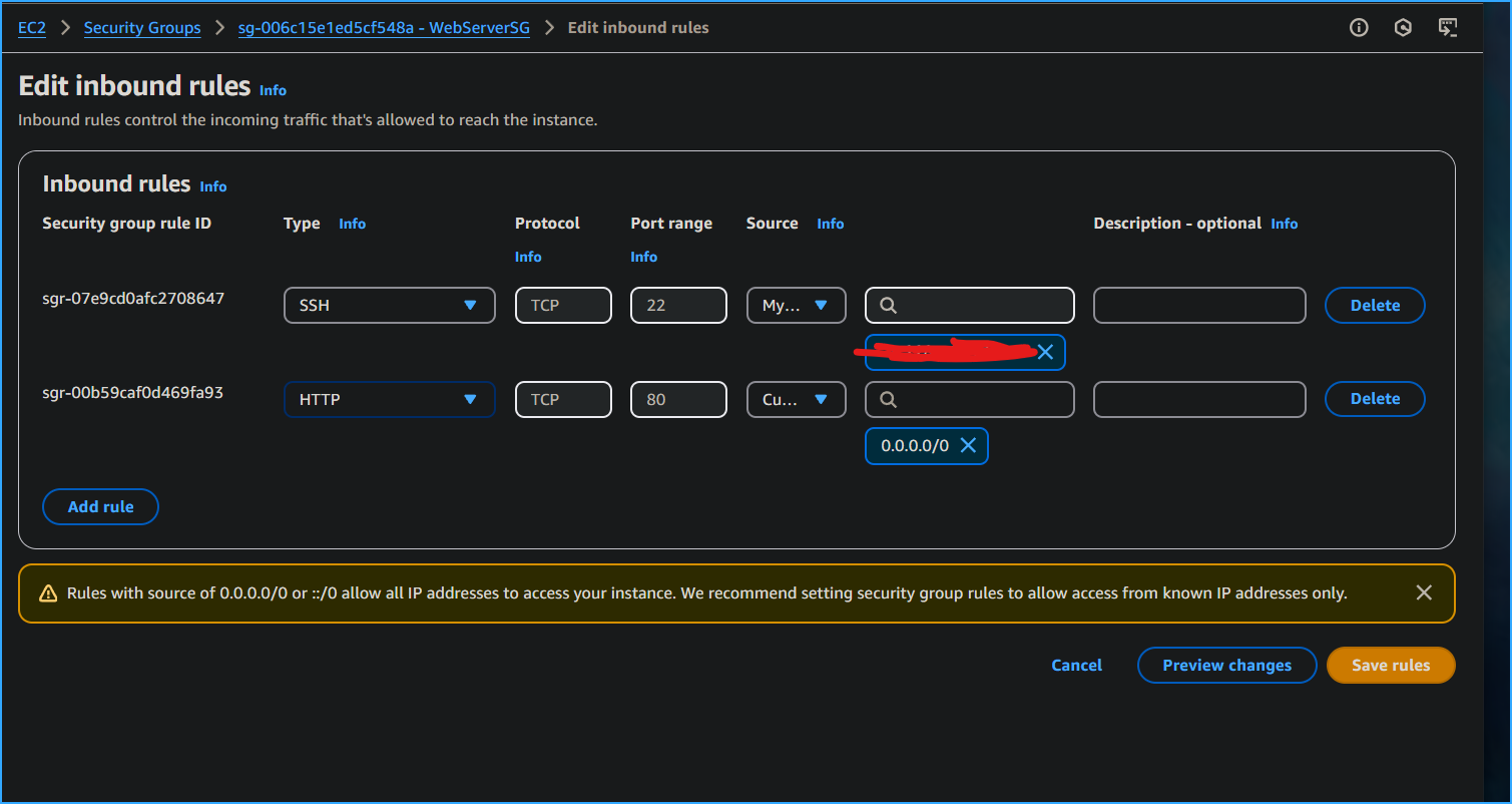 Modified SSH inbound rule through security group link