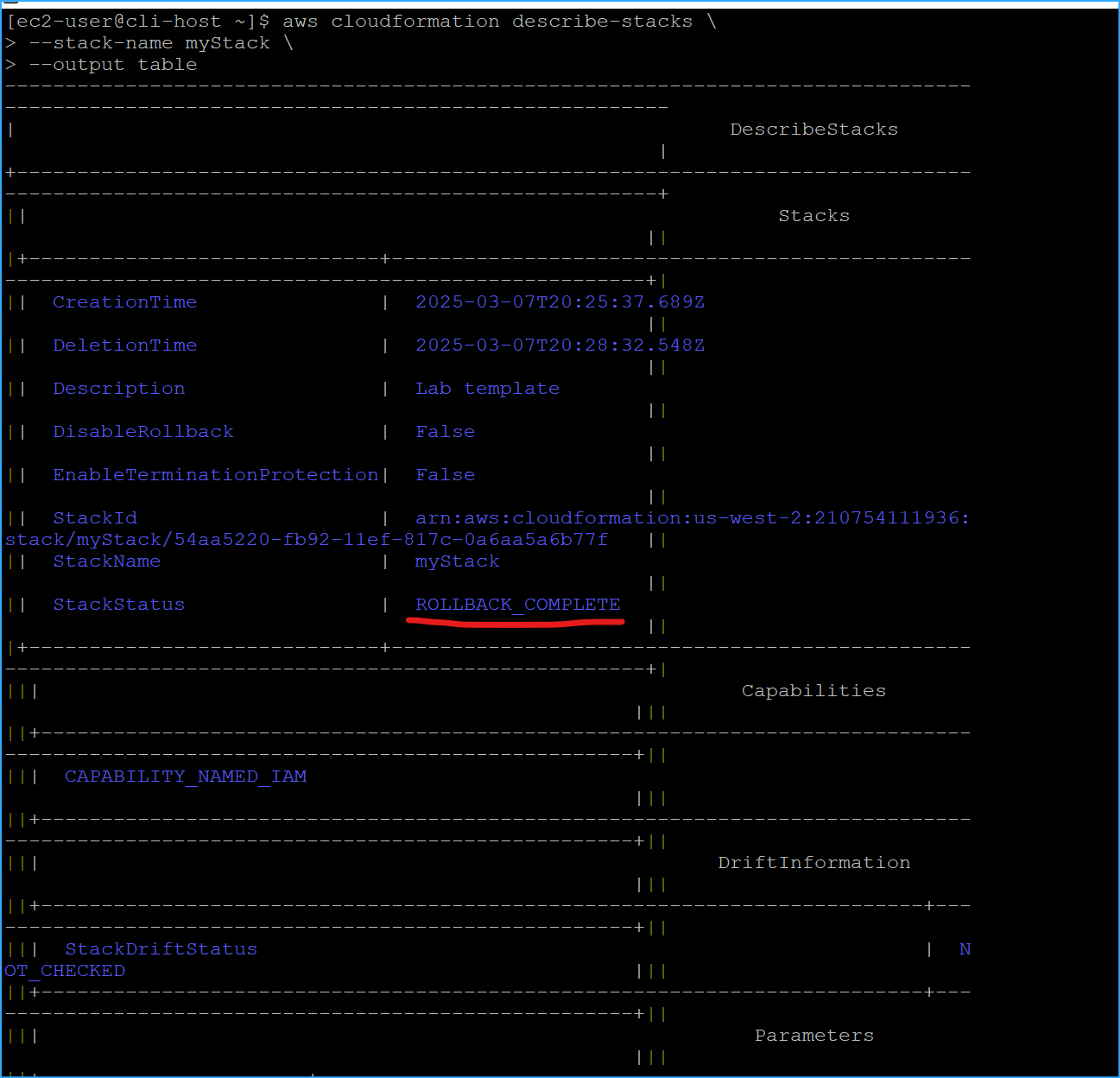Ran command to determine rollback complete