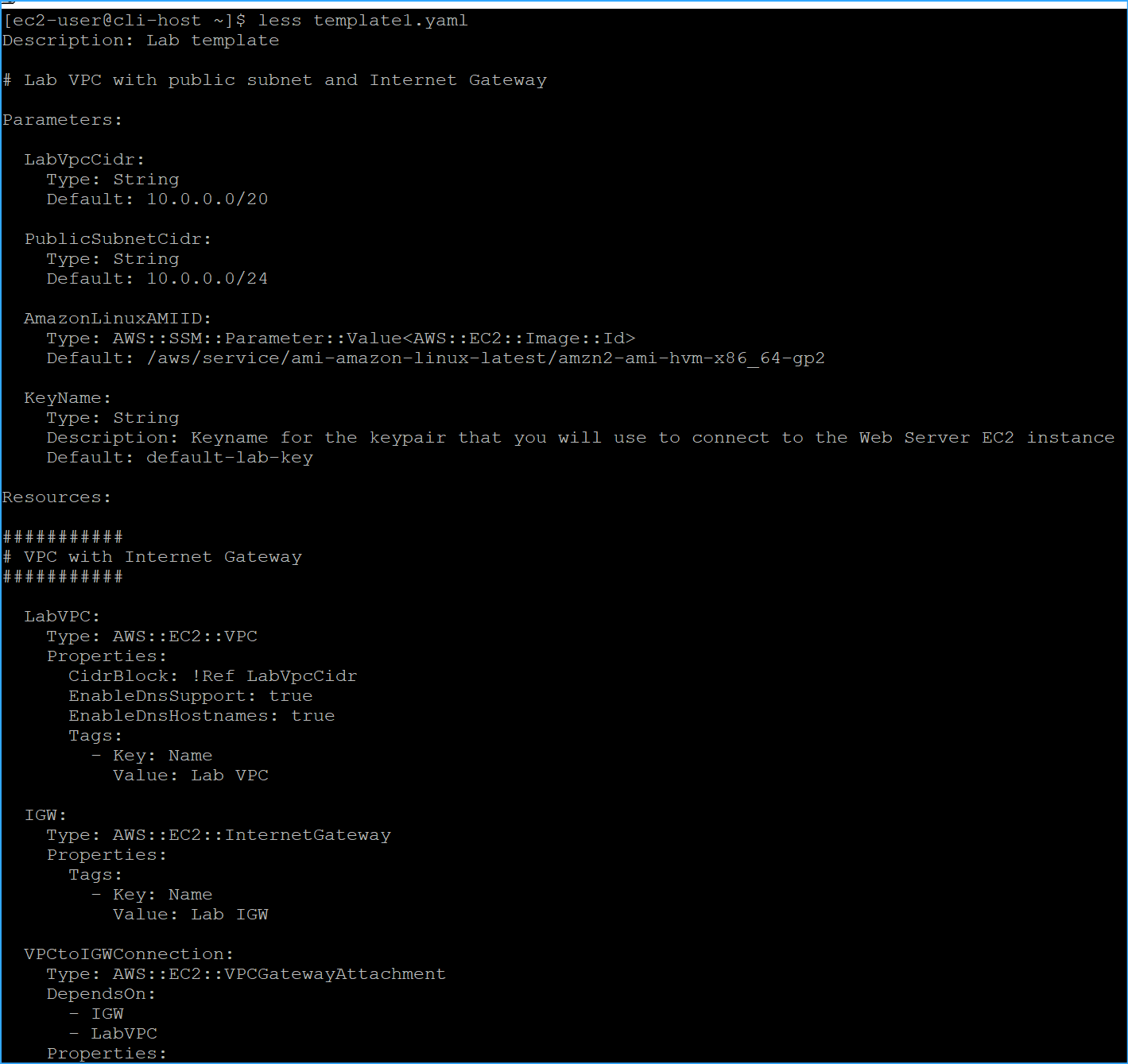 Ran command to first observe CloudFormation template