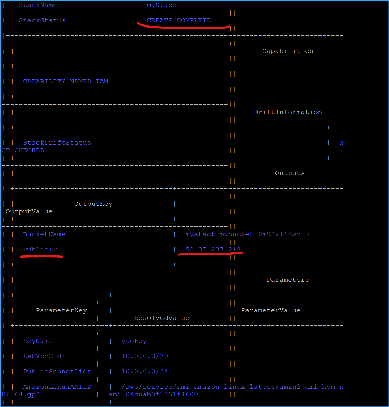 This time create completed and gave output of public IP