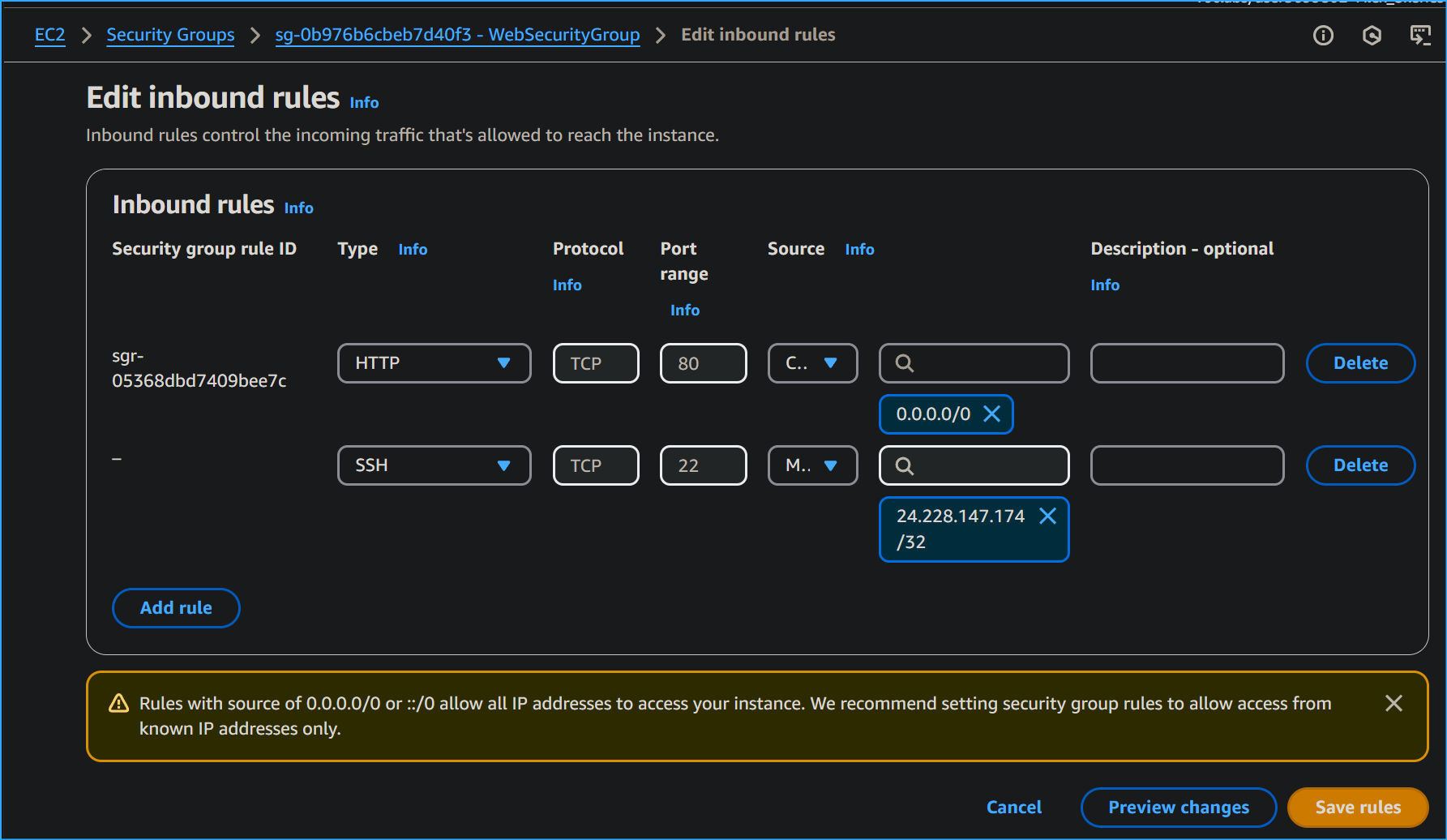 Added SSH myip inbound rule to cafe websg