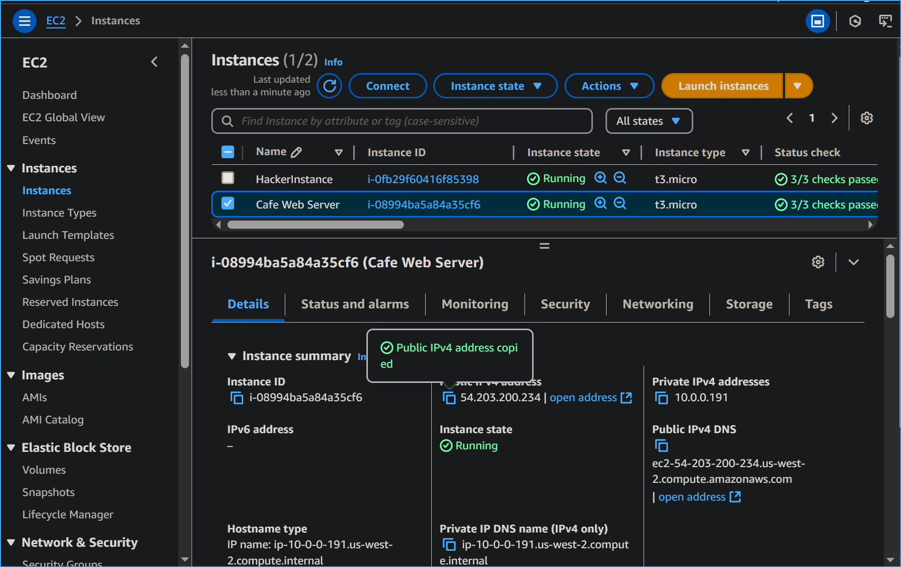 Copied public IP of cafe web server