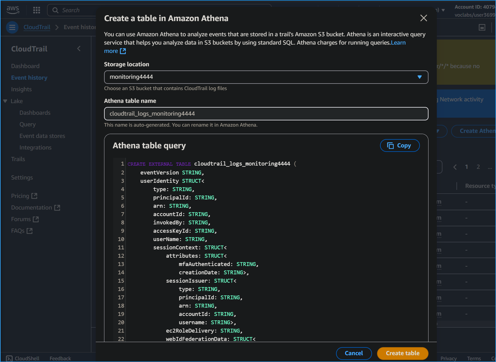 Creating table in Amazon Athena