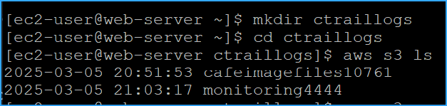 Made local dir to download CloudTrail logs to cd to it then ls to recall bucket name