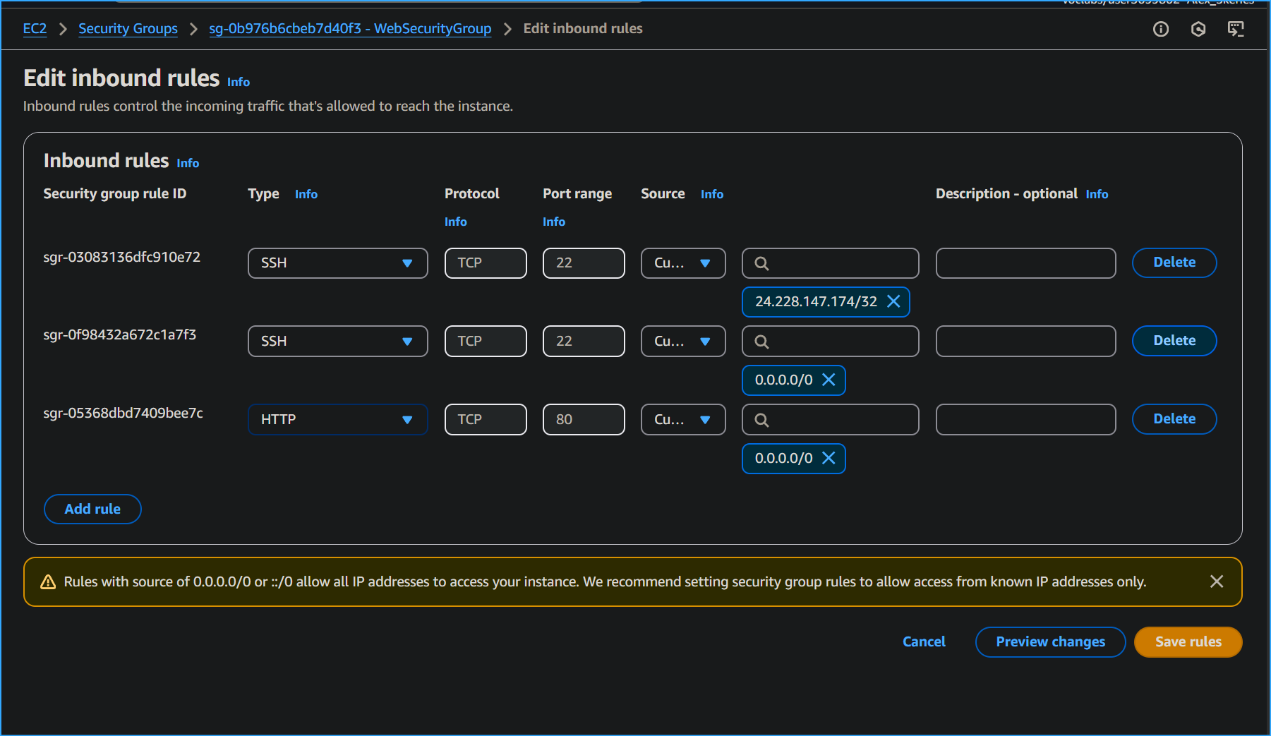 Must delete SSH inbound rule allowing traffic from anywhere