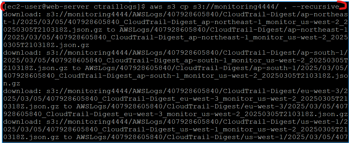 Ran command to download CloudTrail log files