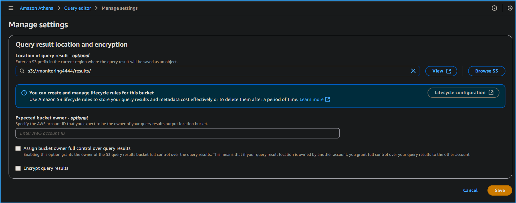Setting up query results location