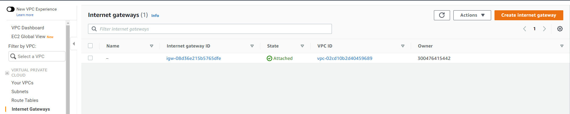 Navigated to Internet Gateways and Selected Create Internet Gateway
