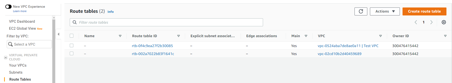 Navigated to Route Tables and Selected Create Route Table