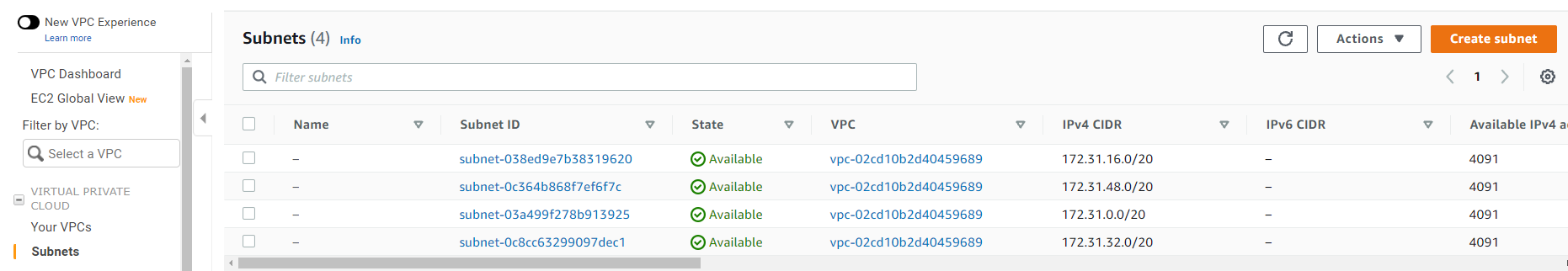 Navigated to Subnets and Selected Create Subnet