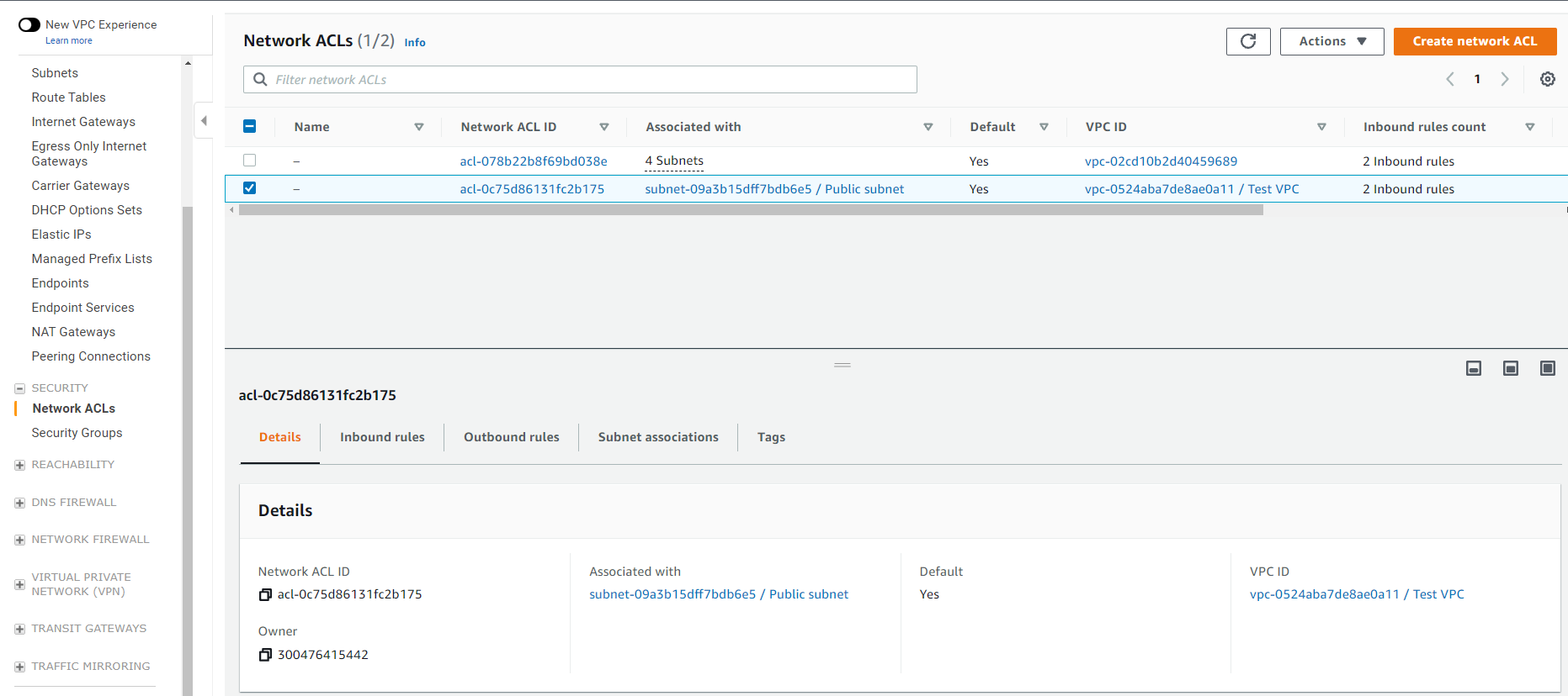 Selecting Create Network ACL