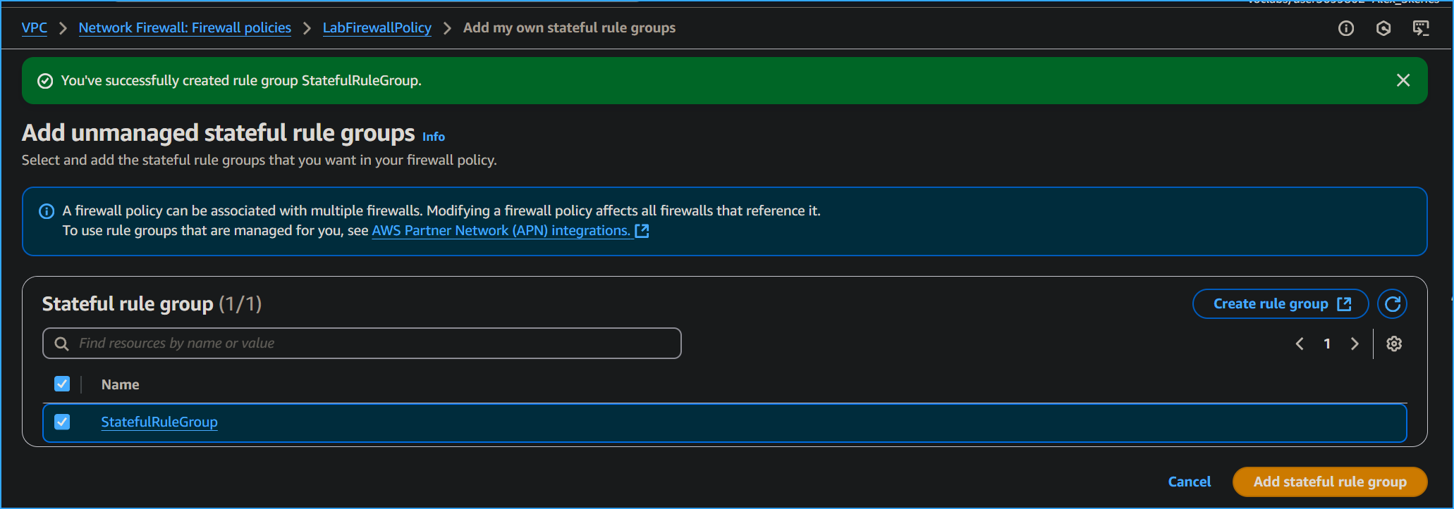 Adding Stateful Rule Group to Lab Firewall Policy