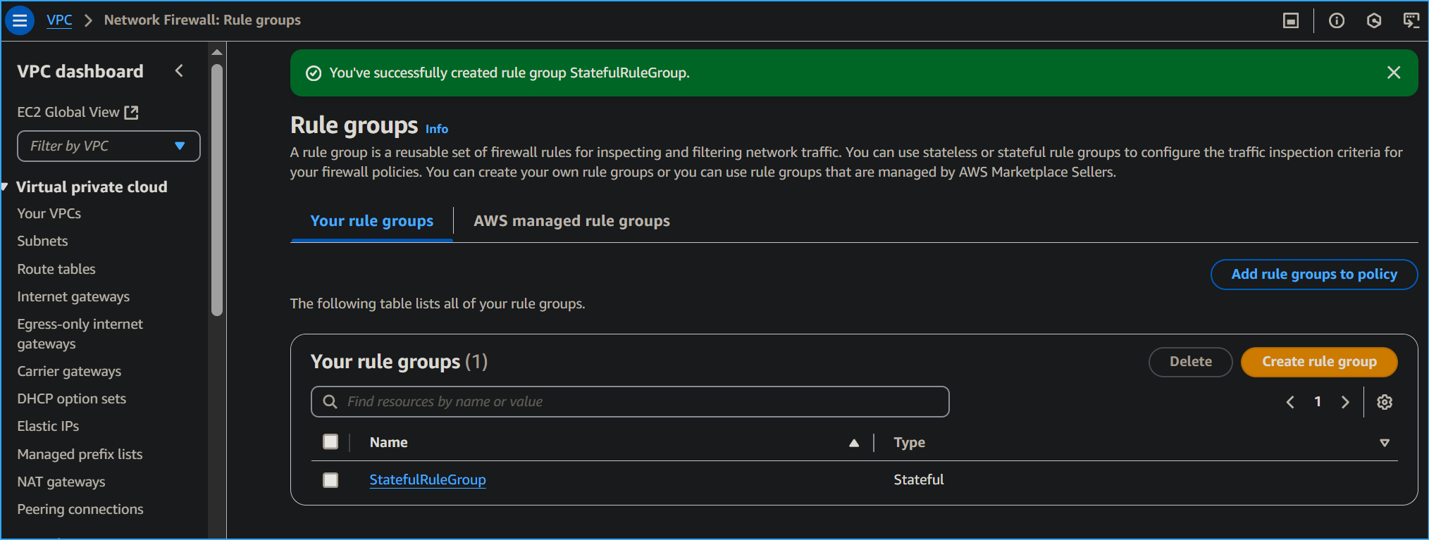 Created Stateful Network Firewall Group That Uses Suricata Rules