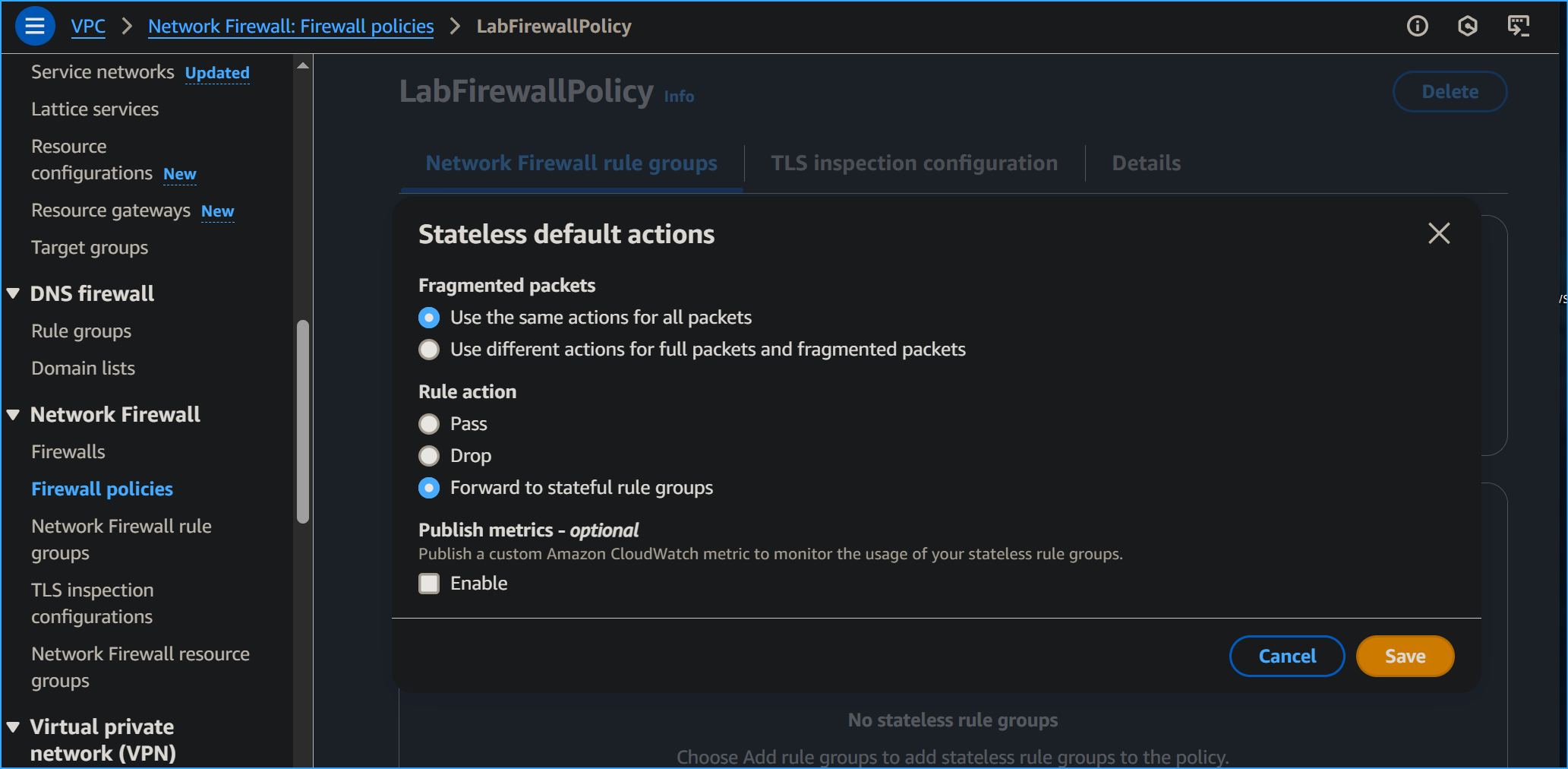 Editing Stateless Default Actions