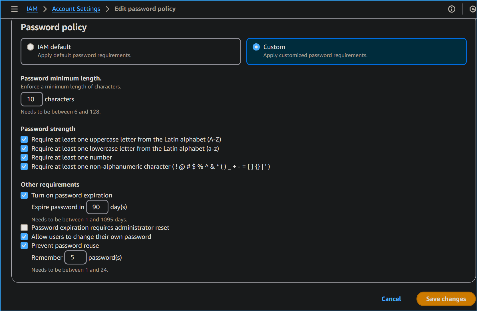 Editing Password Policy in Account Settings of IAM